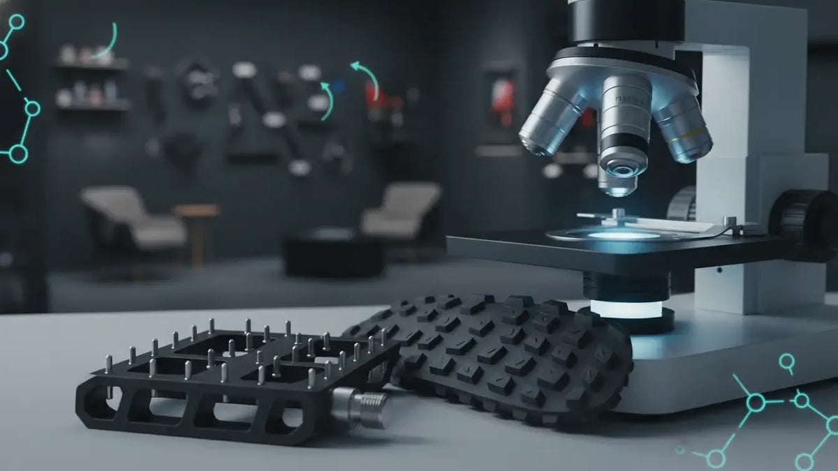 Technical laboratory analysis of an unbranded MTB flat pedal and rubber outsole sample beneath a microscope