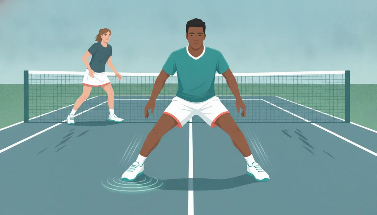 Text-free illustration of pickleball players showing lightweight pickleball shoe tradeoffs in cushioning, torsional control, lateral stability, outsole durability, and wide-fit comfort