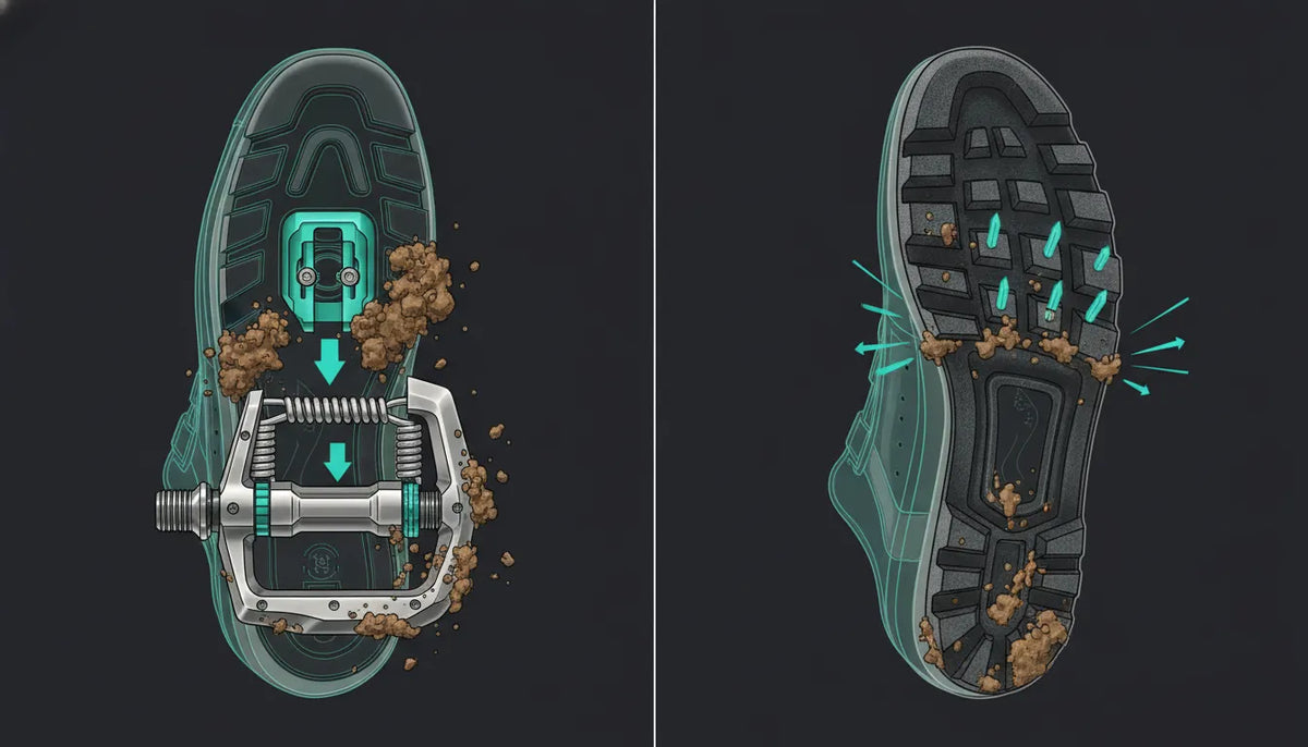 Anamoly Pin-Lock MTB flat pedal shoe on a muddy trail pedal