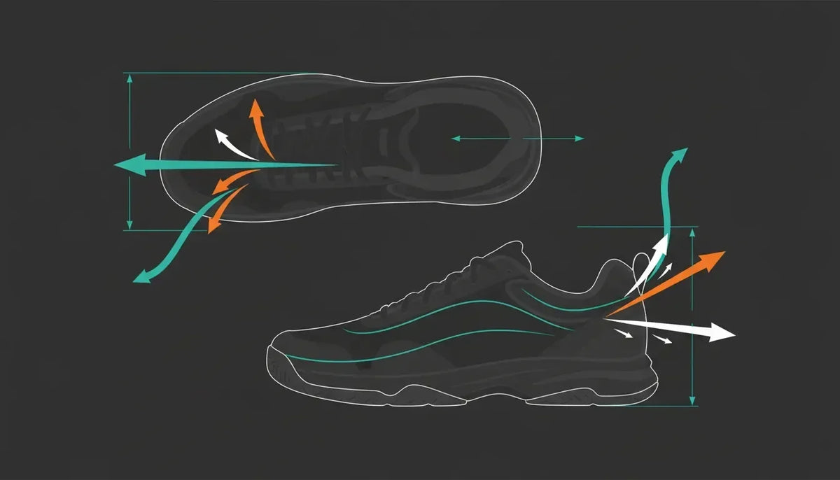 Biomechanics infographic of a wide pickleball court shoe showing lateral force vectors from side-to-side cuts and sudden stops, with the wide footbed and lateral stability outrigger preventing ankle rolls