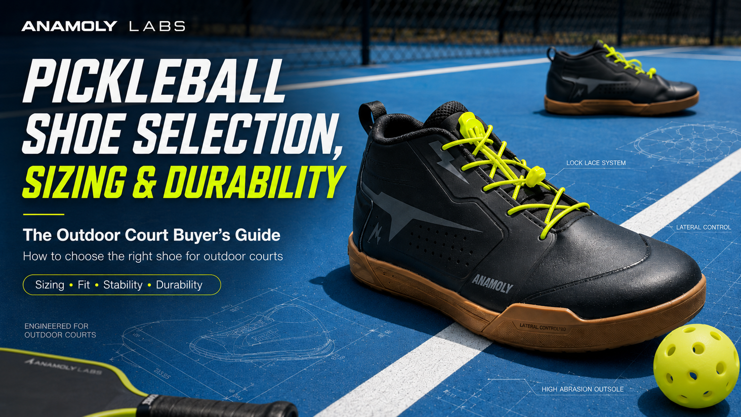A performance pickleball shoe on an outdoor court surface with paddle and ball, illustrating outdoor pickleball footwear selection and durability