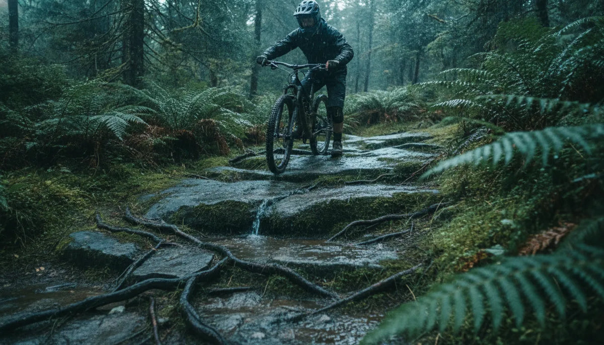Mountain biker walking across wet rock and mossy roots after rain