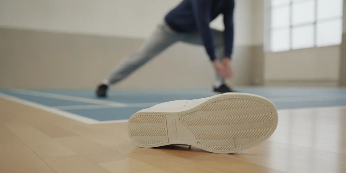 Indoor court shoes beside a pickleball court, illustrating traction and lateral support considerations during a careful return to play.