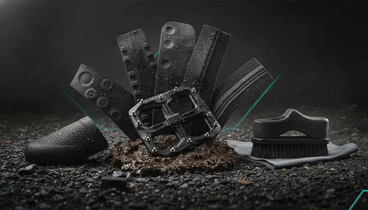 Technical buyer-guide visual showing pedal-pin wear, outsole materials, upper protection, weather exposure, and mountain bike shoe maintenance