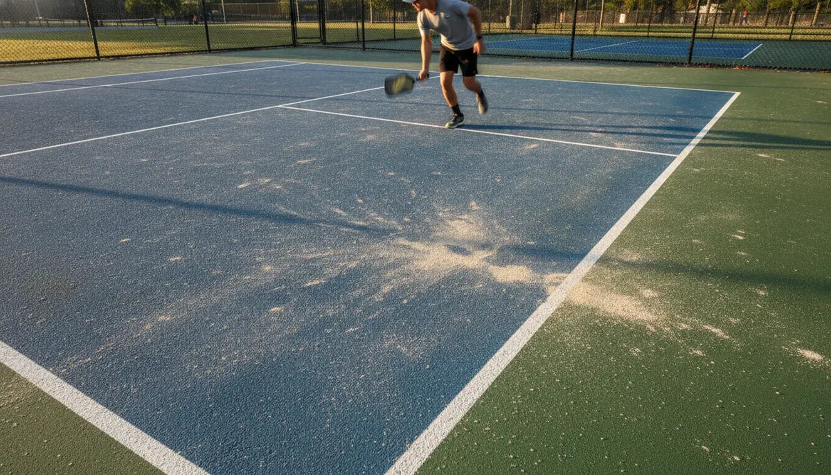 Durable outdoor pickleball sneakers on an abrasive outdoor hard court during lateral play