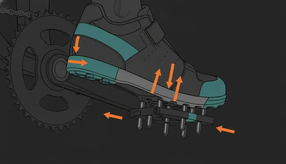 Mountain bike shoes ankle protection illustration showing collar height, heel retention, impact zones, and crank and chainring contact limits