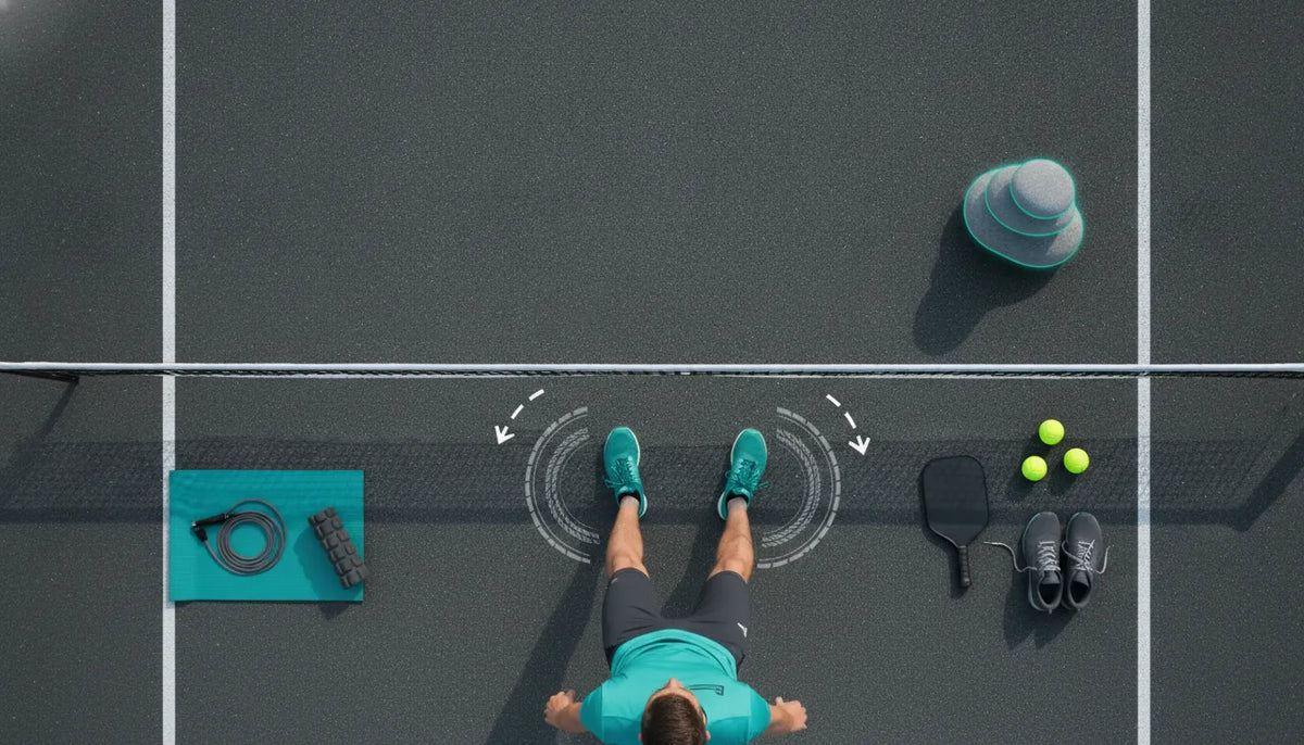 Pickleball safety guide showing stable footwork, warm-up, court grip, and equipment checks