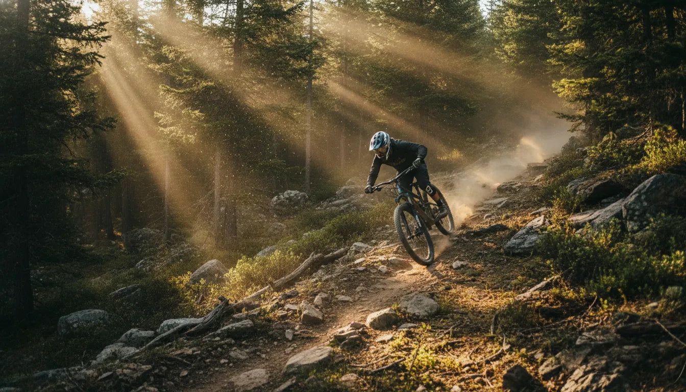 Mountain biker riding a rocky forest trail with dramatic lighting