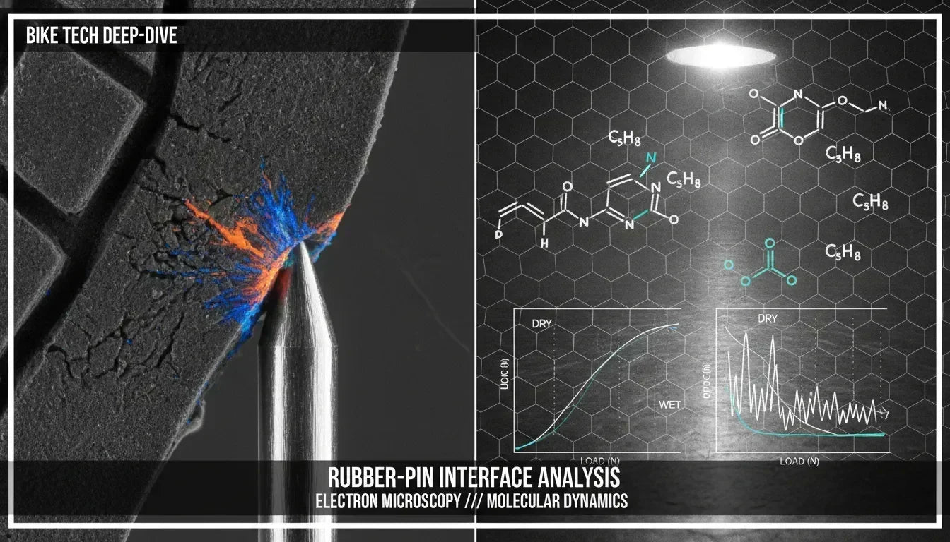 Macro electron microscope view of a rubber shoe sole sample and MTB flat pedal with steel pins in a lab setting, with overlaid molecular structure diagrams, chemical formulas, and friction data graphs — scientific editorial style.