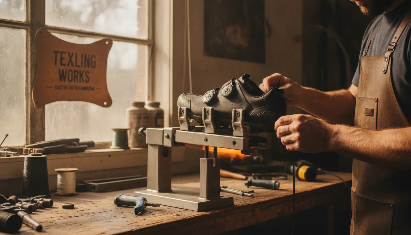 Close-up of a mountain bike shoe being mechanically heat-widened in a Texas workshop showing precision craftsmanship
